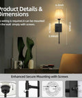 Set Of 2 Battery Powered Wall Sconces No Wiring Needed With Black Fabric Shade Remote Control Dimmable RGB Color Changing Wall Lamp For Bedroom Living Room Hallway 20 Inches Tall, shown with installation dimensions and secure mounting details.