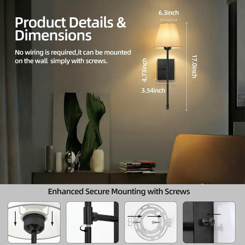 Set Of 2 Battery Powered Wall Sconces No Wiring Needed With Black Fabric Shade Remote Control Dimmable RGB Color Changing Wall Lamp For Bedroom Living Room Hallway 20 Inches Tall, shown with installation dimensions and secure mounting details.