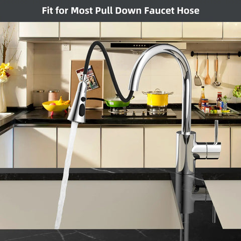 Three Function Pull Down Kitchen Faucet Head Replacement With 12 Adapters Chrome Finish for Moen Delta Kohler in use