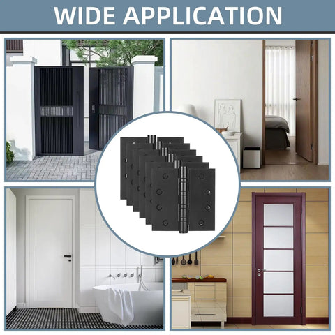 Six Pack Tough As Nails 4 Inch Stainless Steel Door Hinges Heavy Duty Ball Bearing Action Matte Black Finish shown with various door applications.