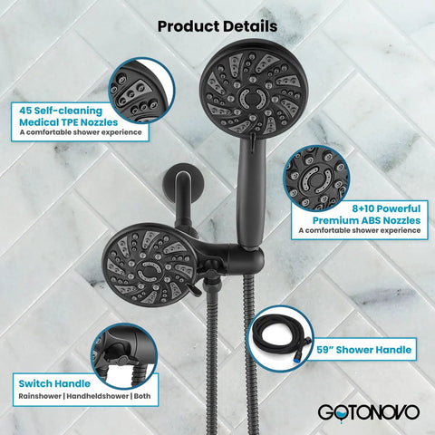 Dual 2 in 1 Shower Head Kit High Pressure Combo System With 6 Modes ABS Handheld Spray Shower Trim Kit Includes Valve Body