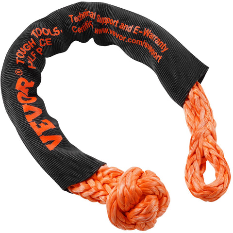 Two Pack 1/2 Inch By 22 Inch Synthetic Soft Shackles With 20 Ton Breaking Strength Heavy Duty Recovery Tow Shackles Includes Extra Sleeves And Storage Bag For UTV ATV Trucks Off Road Vehicles Orange, showing orange shackle with black sleeve.