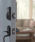 Pack Of Six Matte Black Electronic Keypad Deadbolt Door Lock With Auto Lock and Touch Control Keyless Entry showcased on a door.