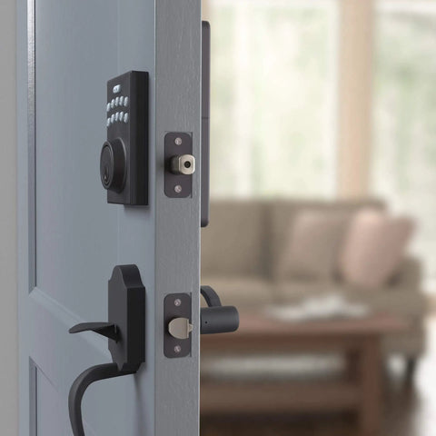 Pack Of Six Matte Black Electronic Keypad Deadbolt Door Lock With Auto Lock and Touch Control Keyless Entry showcased on a door.