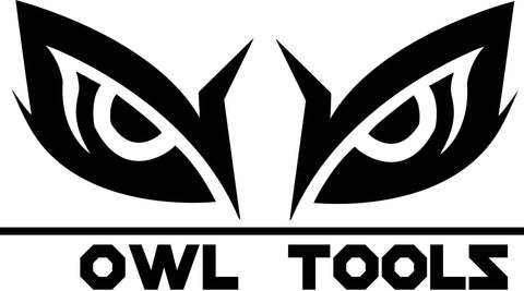 Logo design for Owl Tools featuring stylized owl eyes and bold text on a white background