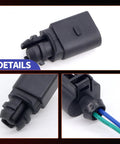 No Drama Fix Ambient Air Temperature Sensor With Connector Pigtail Plug Quick Swap For Audi A3 A4 A6 and VW Golf Jetta Passat GTI close up of connector details.