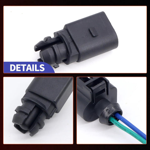 No Drama Fix Ambient Air Temperature Sensor With Connector Pigtail Plug Quick Swap For Audi A3 A4 A6 and VW Golf Jetta Passat GTI close up of connector details.