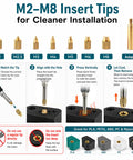 Diagram showing M2-M8 heat set insert tips included in 18-Piece Pro-Grade 3D Print Finishing Tool Kit With Heat Set Insert Tips And Brass Soldering Iron Tips For Smoothing, Trimming, Deburring, And Threaded Insert Installation Of 3D Printed Parts and installation steps.