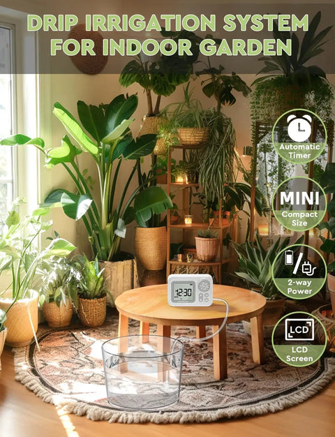 Automatic Watering System For 15 Potted Indoor Houseplants With No Fuss Digital Programmable Timer on wooden table.