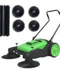 42 Inch Walk Behind Manual Floor Sweeper With 15 Gallon Waste Container And Wide Side Brushes For Garage Warehouse Yard Cleanup Heavy Duty Human Powered Build So You Can Sweep Floors With Zero Sweat Daily, with side brushes and handle.