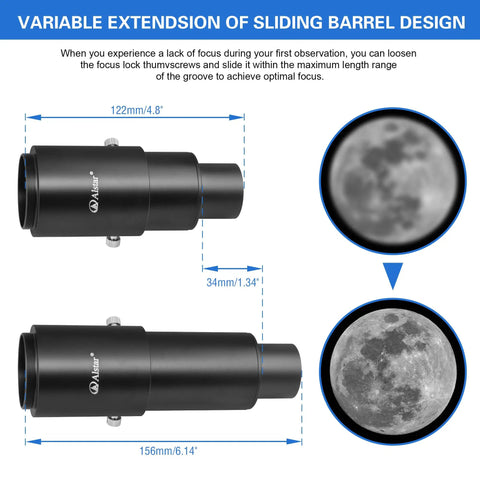 1.25 Inch Extendable Camera Adapter For Prime Focus Or Eyepiece Projection Astrophotography With Refractors And Reflector Telescopes Threaded For Standard 1.25 Inch Astronomy Filters shown with sliding barrel design and moon images