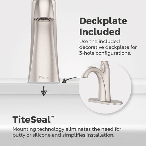 One Hole Single Handle Bathroom Sink Faucet In Brushed Nickel With Push And Seal Drain shown with included deckplate for 3-hole setups