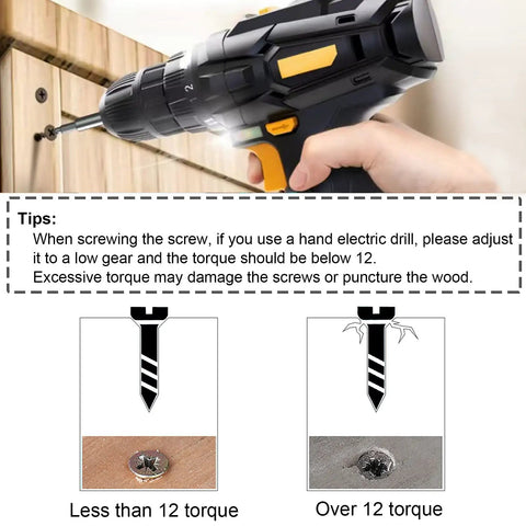 Using a drill with Wood Screws Kit 300 Pcs Six Sizes Flat Head Phillips Drive Self Tapping Coarse Thread Screws, torque guide shown.