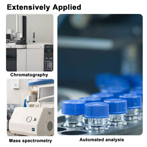 Image showcasing 2ml Borosilicate Glass Autosampler Vials 1000 Pack With 9 425 Screw Tops For HPLC And GC Chromatography in lab settings.