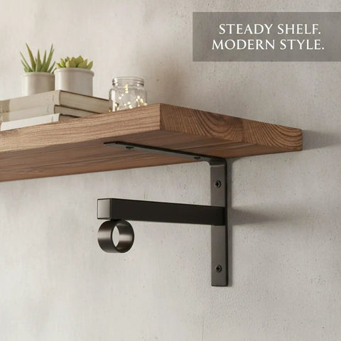 Heavy Duty Wall Mount Shelf Bracket With Ring For Pipe Or Wood Shelving, Black Finish, 7.9 Inch Depth holding wood shelf