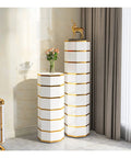 Rotating Metal Shoe Rack Lazy Susan Closet Organizer Heavy Duty Vertical Footwear Storage with gold accents and white finish.