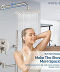 Do It All Three Function Shower System with tub spout and ten inch round rainfall shower head in use, brushed nickel finish