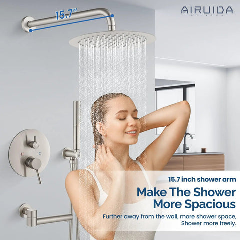 Do It All Three Function Shower System with tub spout and ten inch round rainfall shower head in use, brushed nickel finish