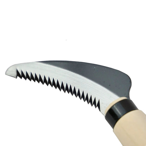 Close-up of serrated blade on 7.6 Inch Serrated Sod Cutter Hand Tool For Weeding And Harvesting, Manual Lawn Remover Knife Sickle