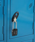 Two Pack 2.6 Inch Long Shackle 4 Digit Outdoor Waterproof Padlock securing a blue locker handle