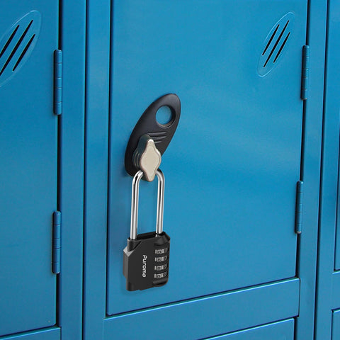 Two Pack 2.6 Inch Long Shackle 4 Digit Outdoor Waterproof Padlock securing a blue locker handle