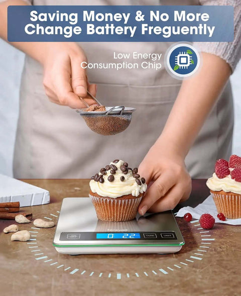 Digital Kitchen Scale With 22Lb Capacity, Precise 1g And 0.1oz Increments weighing a cupcake with nuts, stainless steel platform