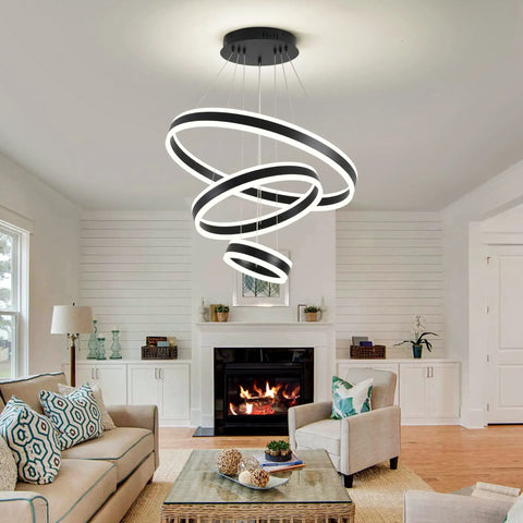 Modern Dimmable LED Chandelier With Dope 3 Ring Adjustable Pendant Lights For Living Room, Bedroom, And Dining Room - Remote Control, Contemporary Hanging Ceiling Fixture In Black, Aluminum And Acrylic, Height Adjustable DIY Design over cozy living room