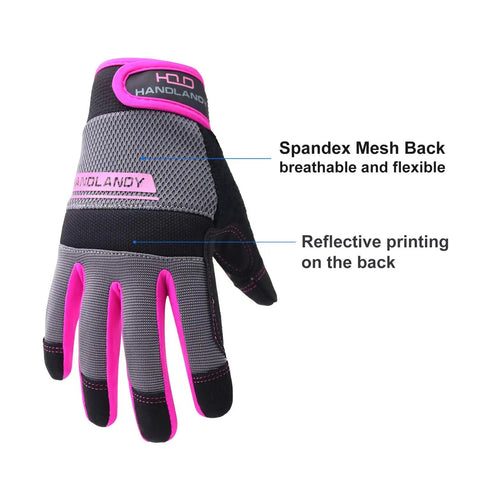 All Purpose Work Gloves For Men And Women, Touchscreen Ready, Worksite Ready Gear with pink spandex mesh back and padded knuckles