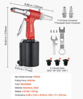 Pneumatic Rivet Gun Kit With Four Nosepieces 3/32 Inch 1/8 Inch 5/32 Inch And 3/16 Inch For Flexible Riveting In Metal Fabrication Automotive And Construction Projects Built For Real World Jobs Lightweight Durable And Easy To Use red and black aluminum steel rivet gun with four nozzle sizes and quick connectors