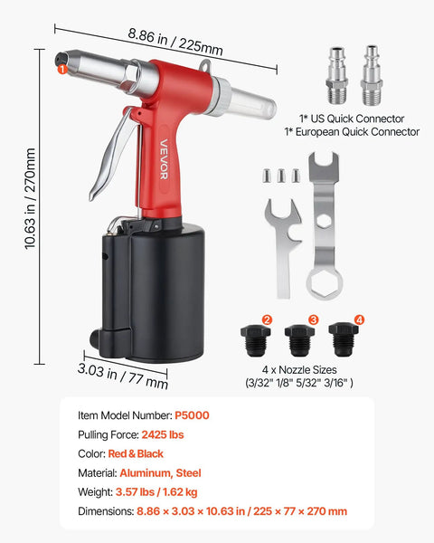 Pneumatic Rivet Gun Kit With Four Nosepieces 3/32 Inch 1/8 Inch 5/32 Inch And 3/16 Inch For Flexible Riveting In Metal Fabrication Automotive And Construction Projects Built For Real World Jobs Lightweight Durable And Easy To Use red and black aluminum steel rivet gun with four nozzle sizes and quick connectors