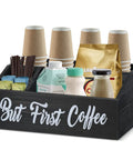 Rustic Coffee Bar Organizer With Storage Bin And K Cup Holder, Double Sided But First Coffee And Coffee Bar Sign with supplies