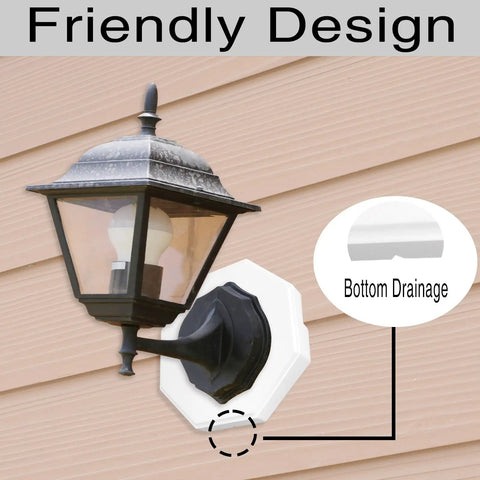 Octagonal Vinyl Siding Mounting Kit With Built In Electrical Box For One Half Inch Lap Siding, Vertical Siding Lamp Mounting Plate, No Brainer DIY Outdoor Lighting Mount On White Siding, 2 Pack installed on beige vinyl siding with lantern and bottom drainage