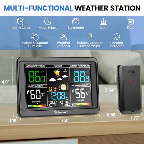 Wireless Outdoor Remote Sensor For 208665 Weather Station Indoor Outdoor Thermometer Replacement Humidity Sensor 200ft Transmission Range Battery Powered Black Easy Setup And Durable Signal next to multifunctional weather station display.