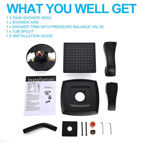 Single-Handle Tub And Shower Faucet Set With Pressure-Balancing Valve Included, unassembled components including installation guide.