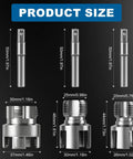 Diagram showing Three Piece PVC Pipe Threading Tool Set For One Half Inch, Three Quarter Inch, And One Inch Pipes With Dual Internal And External Threaders, Carbon Steel Construction And Drill Compatibility For DIY Plumbing By Lustriix, detailing dimensions.