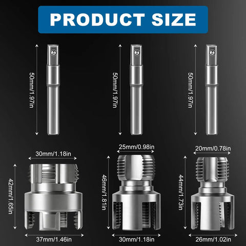 Diagram showing Three Piece PVC Pipe Threading Tool Set For One Half Inch, Three Quarter Inch, And One Inch Pipes With Dual Internal And External Threaders, Carbon Steel Construction And Drill Compatibility For DIY Plumbing By Lustriix, detailing dimensions.