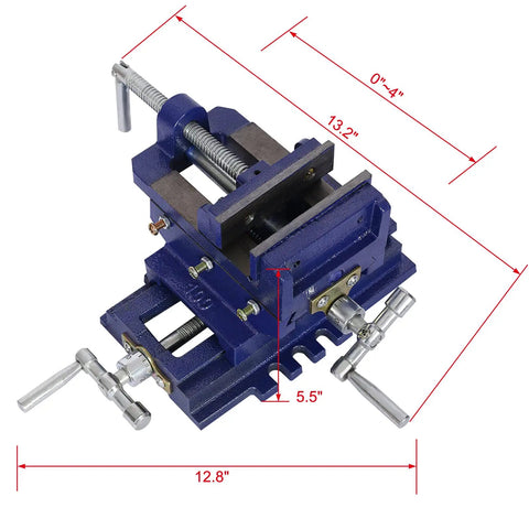 4 Inch Cross Slide Drill Press Vise With Heavy Duty Two Way X Y Benchtop Clamp, cast iron, serrated jaws, measurements shown