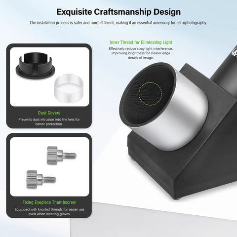 90 Degree 1.25 Inch Telescope Diagonal Mirror With Eyepiece Thumbscrew Refractor Accessories featuring dust covers and inner thread design.