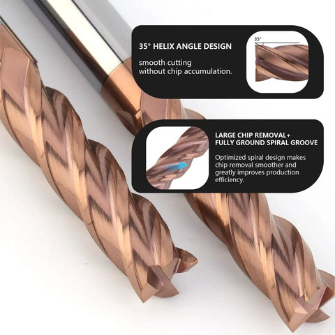 Close-up of 3/8 Inch Carbide Square End Mills Set, 4 Flute, HRC55 TiSiN Coated End Milling Bits for side milling.