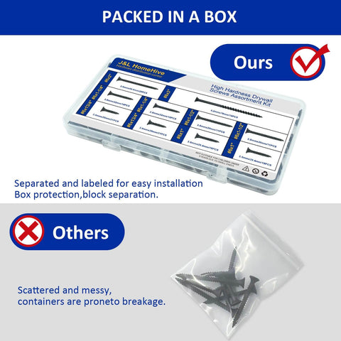 Drywall Screws Assortment Kit With 166 Pieces, Six Sizes From 3/4 In To 3 In, durable storage case labeled for easy organization