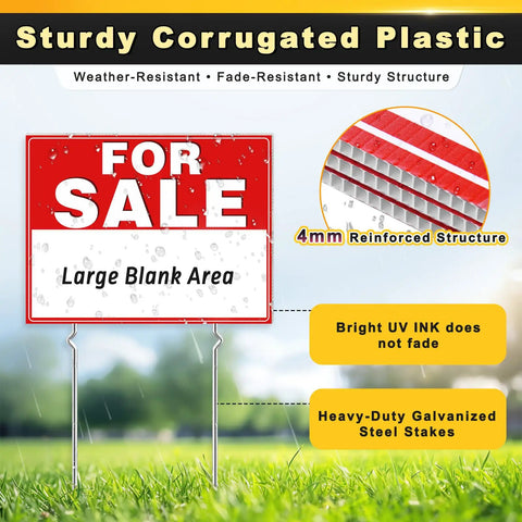For Sale Yard Sign 17X13 Inch Double Sided Corrugated Plastic With Metal Stakes Waterproof Real Estate By Owner Car Garage Business 2 Pack