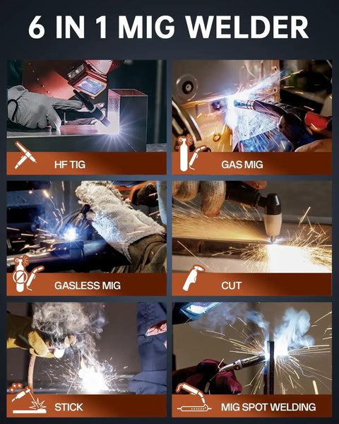 6-in-1 MIG welder functions including HF TIG, Gas MIG, Gasless MIG, CUT, Stick, MIG Spot Welding
