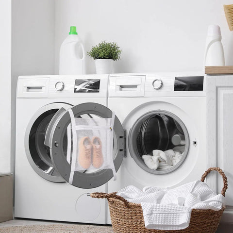 Large Shoe Dryer Bag For Sneakers With Zipper And Strap 15.7x15.7 Inch in use on front-loading washer with sneakers inside