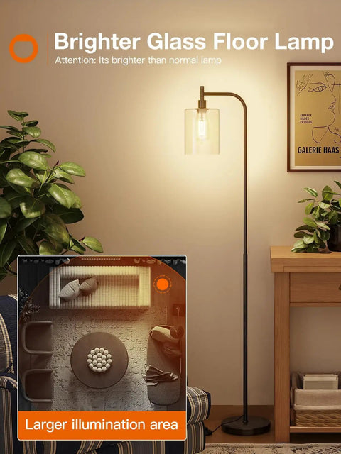 Bright Floor Lamp For Living Room With Glass Shade And LED Bulbs Industrial Tall Pole Standing Lamp For Bedroom Or Office Black Finish Modern Sleek Design That Fits Any Decor And Saves Space