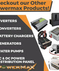 Variety of Powermax products including inverters, converters, battery chargers, and generators, showcasing RV accessories.
