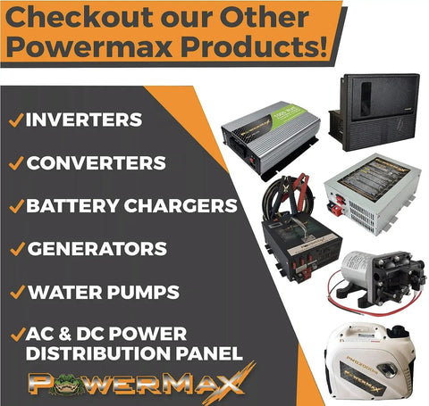 Variety of Powermax products including inverters, converters, battery chargers, and generators, showcasing RV accessories.