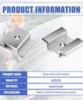 Bulk 42 Pack Aluminum Solar Panel Mid Clamps For Mounting On Tin Roof Flat Roof And Sheet Roofs Silver Finish Heavy Duty Brackets Kit For Easy Solar Panel Installation displayed with material and size details.