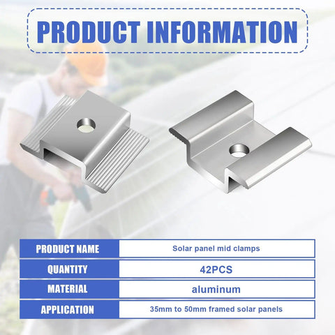 Bulk 42 Pack Aluminum Solar Panel Mid Clamps For Mounting On Tin Roof Flat Roof And Sheet Roofs Silver Finish Heavy Duty Brackets Kit For Easy Solar Panel Installation displayed with material and size details.