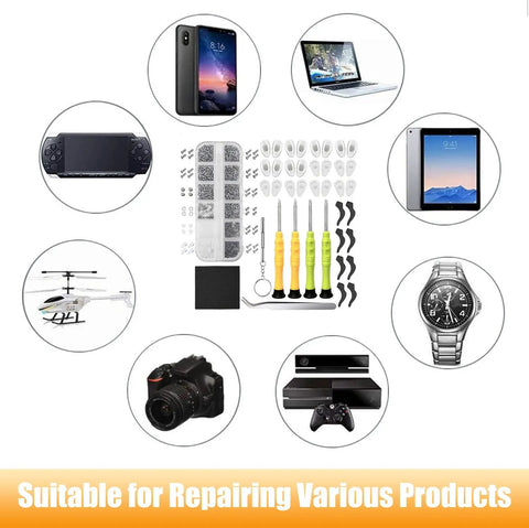 Eyeglasses Repair Kit With Precision Screwdrivers Magnetic Tweezers Replacement Nose Pads And Screws Cleaning Cloth And Multi Tool For Glasses Sunglasses Watches And Clocks Everyday Fix Grab And Go, shown with various devices.