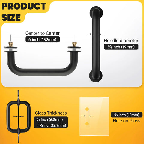 Sleek Matte Black Shower Door Handle With Six Inch Center To Center And Heavy Duty 304 Stainless Steel Round Tube Design For Rust Resistant Bathroom Hardware That Is Built Different Now dimensions showing center to center and handle diameter